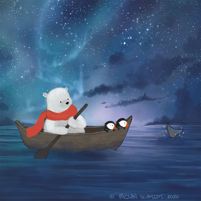 Puffins and Polar Bear Art Print - Sailing Under the Stars