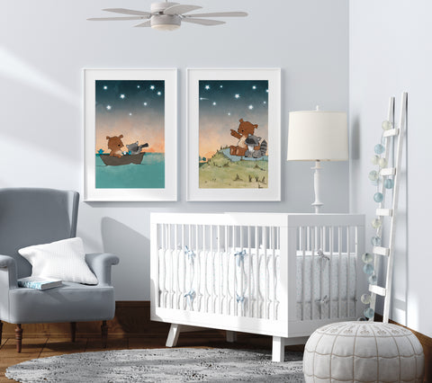 Bear and Raccoon Art Print - Boating in the Stars