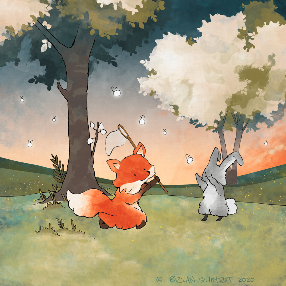 Fox and Rabbit Chasing Fireflies Illustration– Lower Woodland Studio