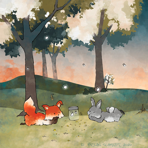 Fox and Rabbit Art Print - Watching Fireflies