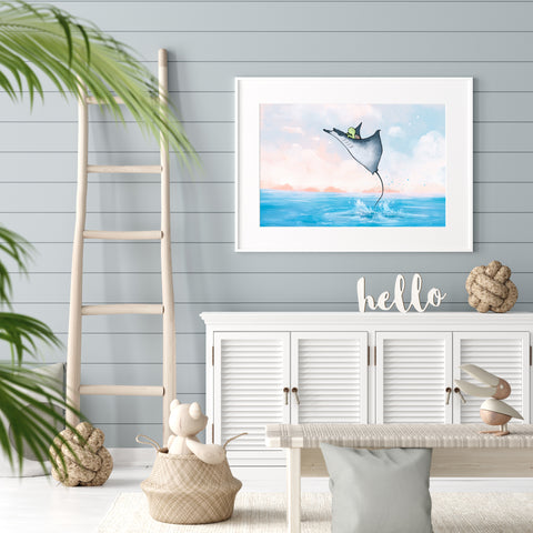 Sea Turtle Art Print - Riding a Manta Ray