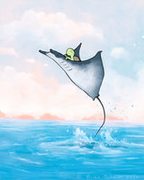 Sea Turtle Art Print - Riding a Manta Ray