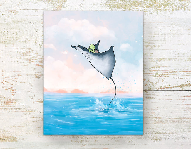 Sea Turtle Art Print - Riding a Manta Ray